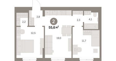 2-к. квартира, 55&nbsp;м²