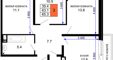 3-к. квартира, 66&nbsp;м²