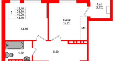 1-к. квартира, 40&nbsp;м²