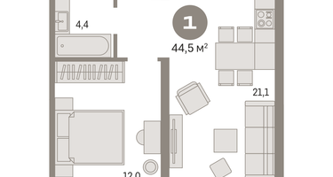 1-к. квартира, 44&nbsp;м²