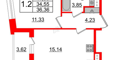 1-к. квартира, 34&nbsp;м²