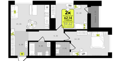 2-к. квартира, 62&nbsp;м²