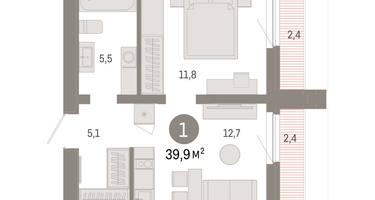 1-к. квартира, 39 м²