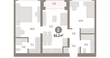 2-к. квартира, 62 м²