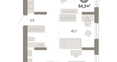 1-к. квартира, 64&nbsp;м²