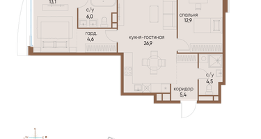 2-к. квартира, 73&nbsp;м²