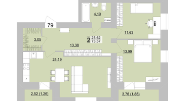 2-к. квартира, 76&nbsp;м²