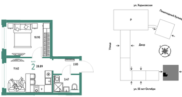 2-к. квартира, 28&nbsp;м²
