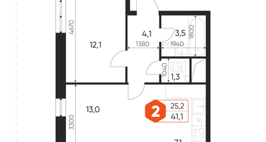 2-к. квартира, 41&nbsp;м²
