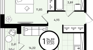 1-к. квартира, 37&nbsp;м²