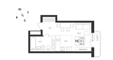 1-к. квартира, 30&nbsp;м²