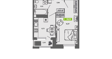 1-к. квартира, 34&nbsp;м²
