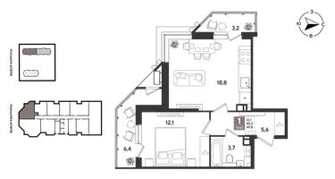 1-к. квартира, 49&nbsp;м²
