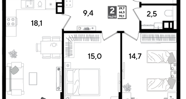 2-к. квартира, 69&nbsp;м²
