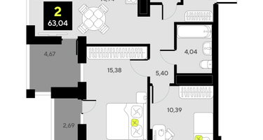 2-к. квартира, 63&nbsp;м²
