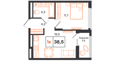 1-к. квартира, 38&nbsp;м²