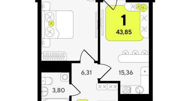 1-к. квартира, 43&nbsp;м²