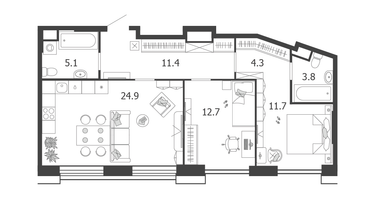 2-к. квартира, 73 м²