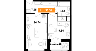 1-к. квартира, 36 м²