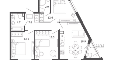 3-к. квартира, 74 м²