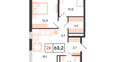 2-к. квартира, 63&nbsp;м²