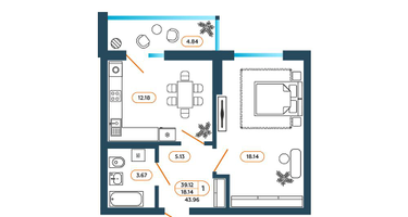 1-к. квартира, 44&nbsp;м²