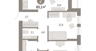 2-к. квартира, 60 м²