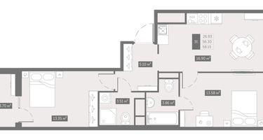 2-к. квартира, 58&nbsp;м²