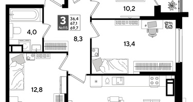 3-к. квартира, 68 м²