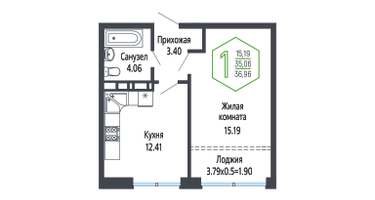 1-к. квартира, 37&nbsp;м²