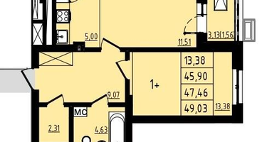 1-к. квартира, 47 м²