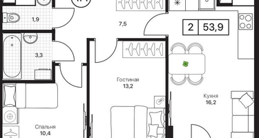 2-к. квартира, 53 м²