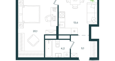 1-к. квартира, 43 м²