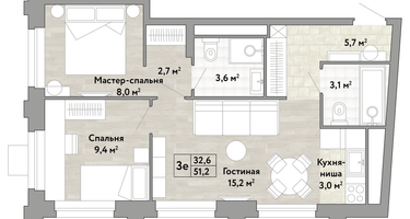 Студия, 51 м²