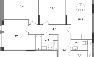 3-к. квартира, 74&nbsp;м²