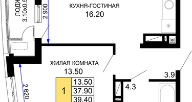 1-к. квартира, 39&nbsp;м²