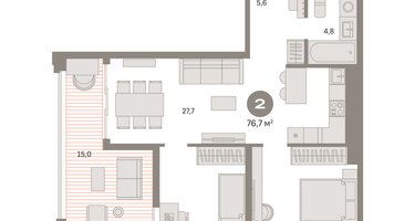 2-к. квартира, 75&nbsp;м²