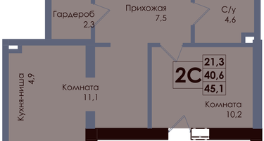 Студия, 42 м²