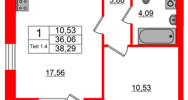 1-к. квартира, 36&nbsp;м²