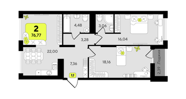 2-к. квартира, 76&nbsp;м²