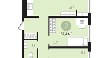 2-к. квартира, 57 м²
