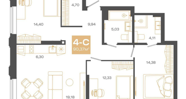 4-к. квартира, 90 м²