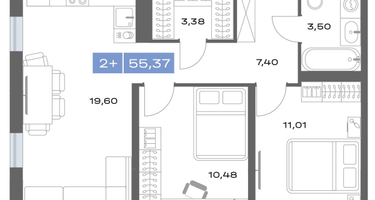 2-к. квартира, 55&nbsp;м²