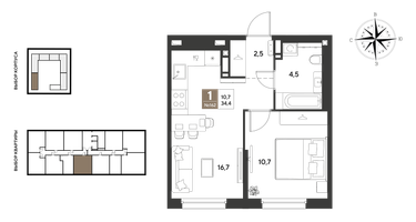1-к. квартира, 34&nbsp;м²