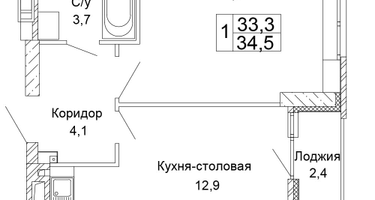 1-к. квартира, 34&nbsp;м²