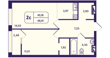 2-к. квартира, 46&nbsp;м²