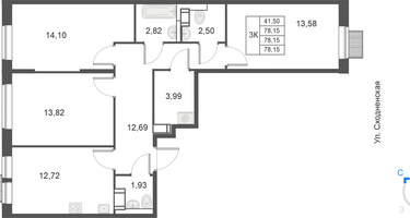 3-комнатная квартира, 78&nbsp;м²