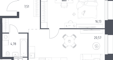 1-к. квартира, 48&nbsp;м²