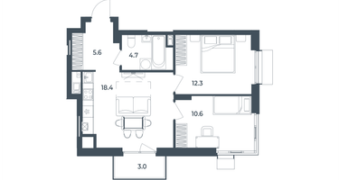 2-к. квартира, 54&nbsp;м²
