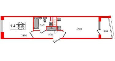 1-к. квартира, 40&nbsp;м²